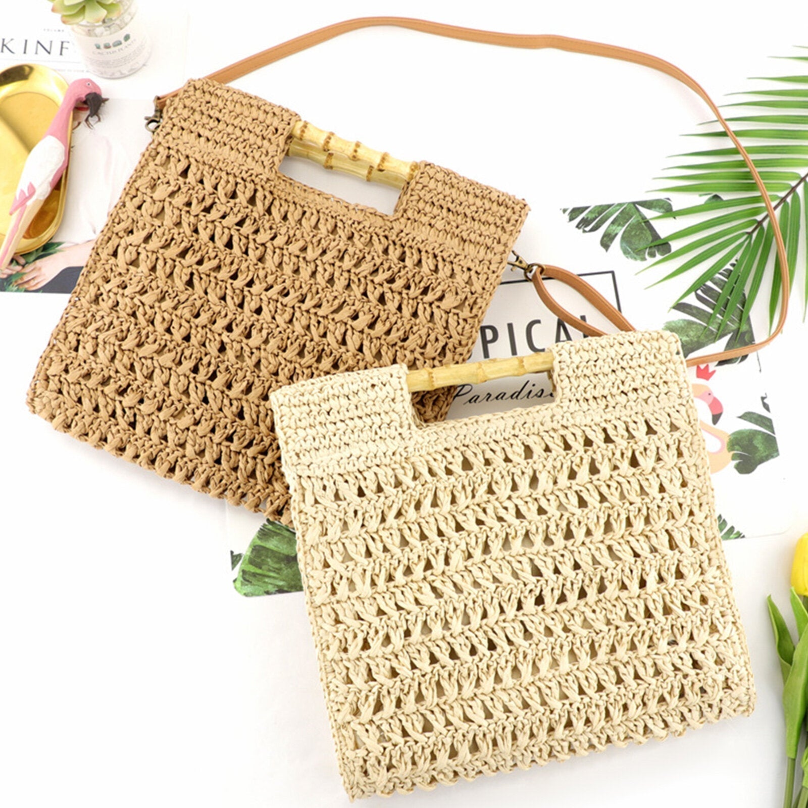 Women Straw Elegant Holiday Crossbody Bag Convertible Strap Casual Beach Sweet Handbag