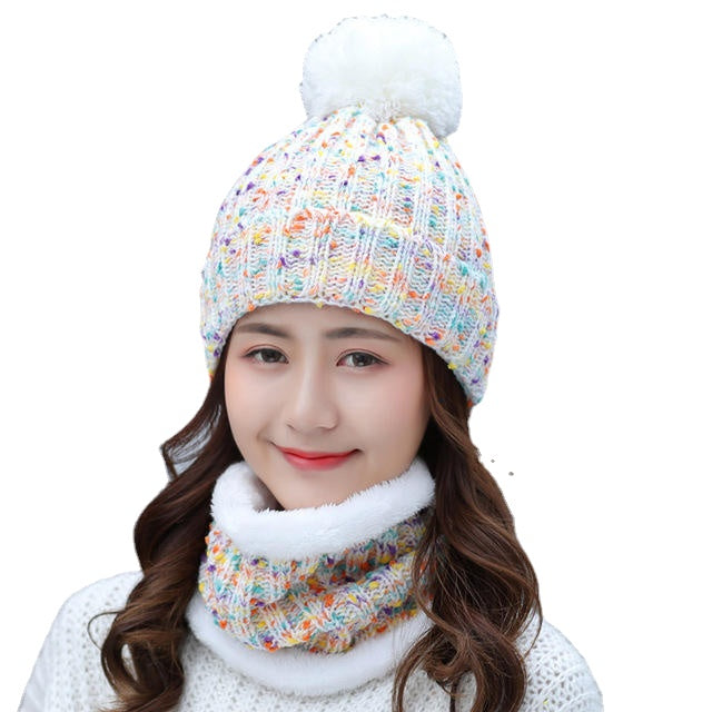 Warm Wool Beanie & Bib Set - Thick Winter Pom Cap