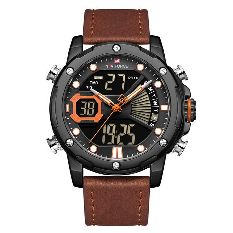 Casual Luminous Pointer Calendar Alarm Stopwatch Dual Time Display Genuine Leather Strap 3ATM Waterproof Men Watch