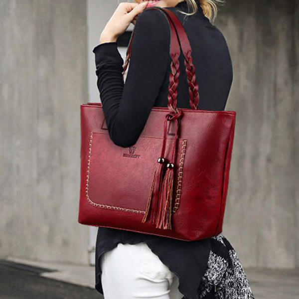 Women Retro Faux Leather Tote Bag Solid Tassel Leisure Shoulder Bag Hangbag