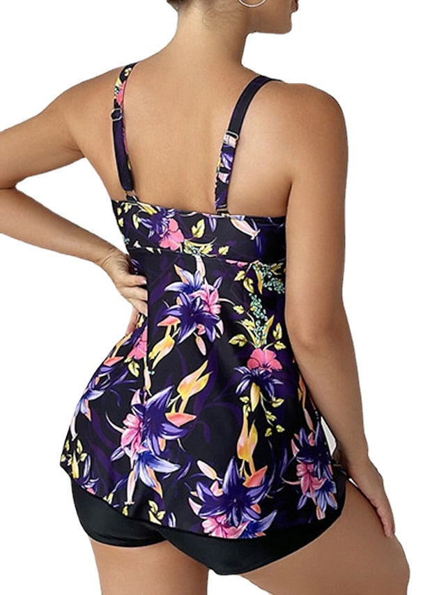 Plus Size Floral Tankini Swim Dress - Women's Open Back Camisole Swimsuit for Vacation