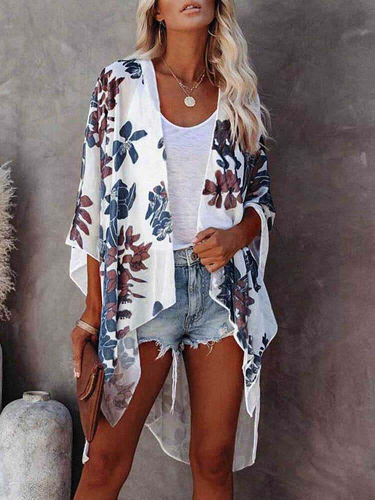 Bohemian Floral Print Tie Waist 3/4 Sleeve Loose Kimono