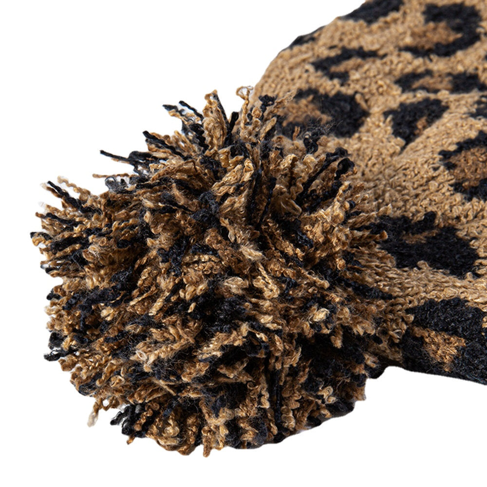 Unisex Leopard Knit Beanie with Fur Pom, Warm & Casual