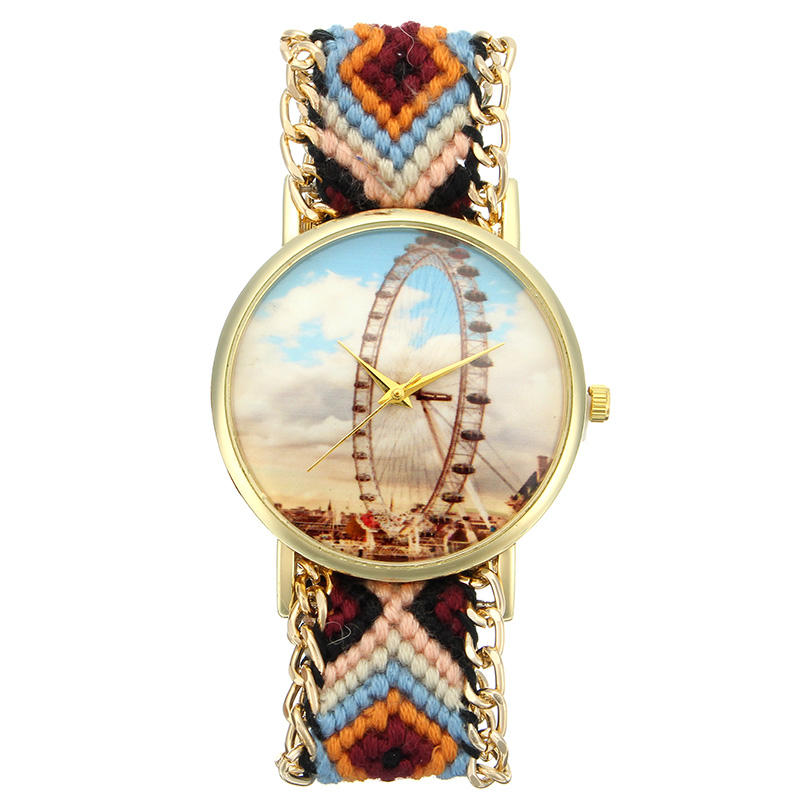 Custom Folk Style Women Watch Ferris Wheel Alloy Case Knitted Fabric Strap Casual Retro Quartz Wrist Watch