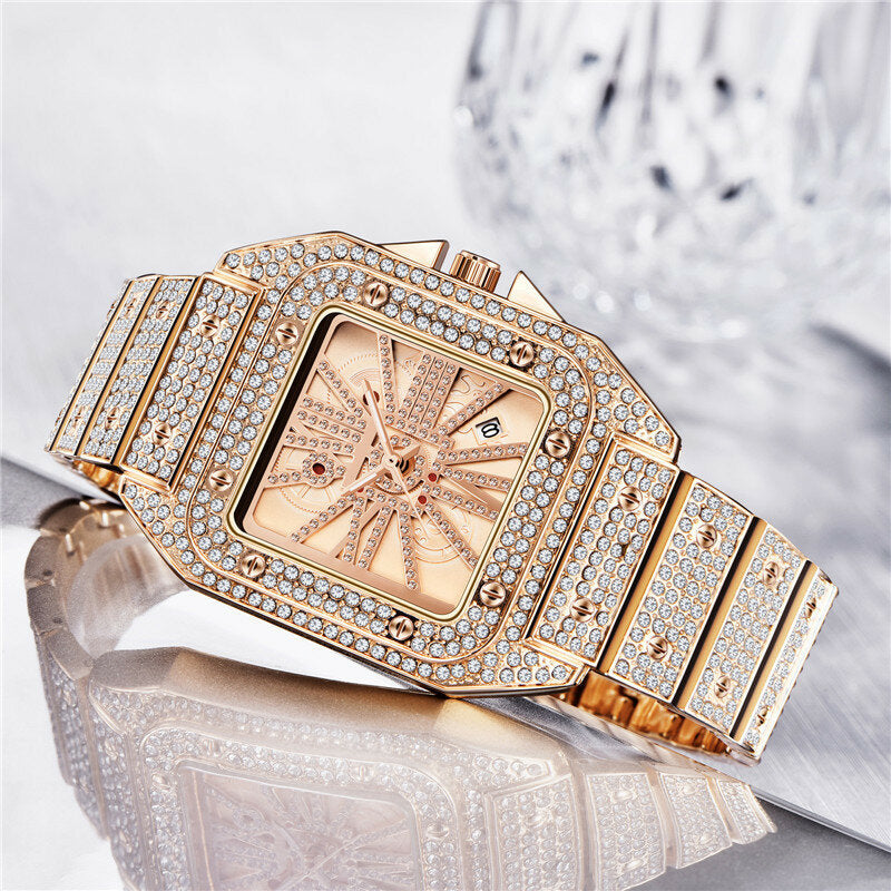 Fashion Elegant Alloy Quartz Watch Diamond Cool Men Watch Square Dial Shape Quartz Watch