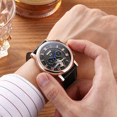 Men Automatic Watch Flywheel Hollow Date Display Leather Strap Mechanical Watch