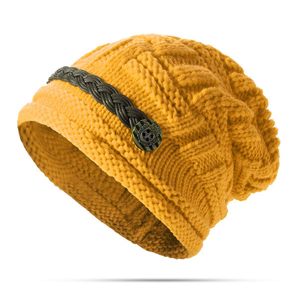 Women's Crochet Knit Beanie Hat with Button Detail - Baggy Style