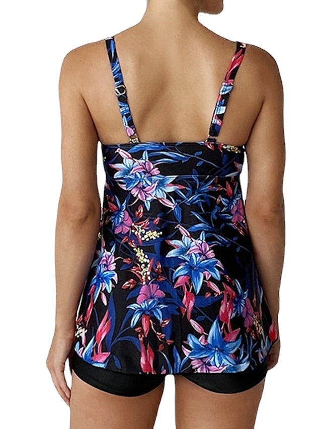 Plus Size Floral Tankini Swim Dress - Women's Open Back Camisole Swimsuit for Vacation