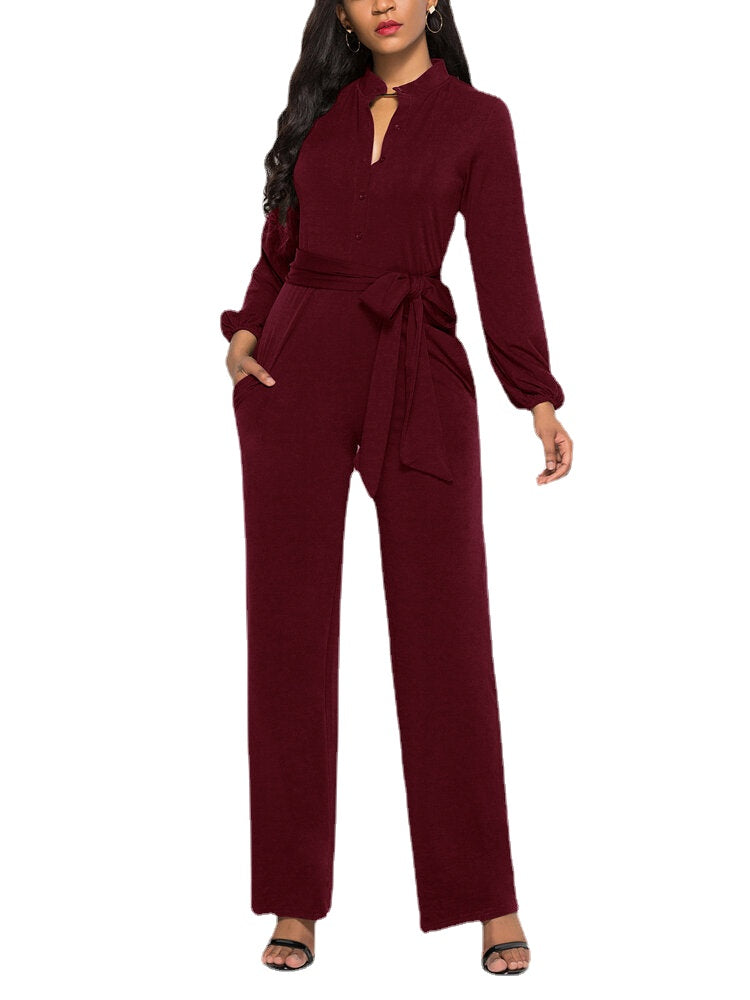 Women Solid Color Long Sleeve Waist Belt Stand Collar Plus Size Jumpsuit