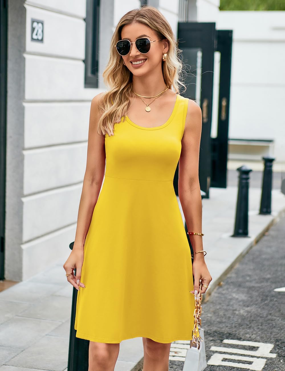 Women Summer Slim Sleeveless Scoop Neck A-Line Flare Sun Dresses