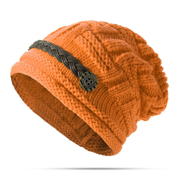 Women's Crochet Knit Beanie Hat with Button Detail - Baggy Style