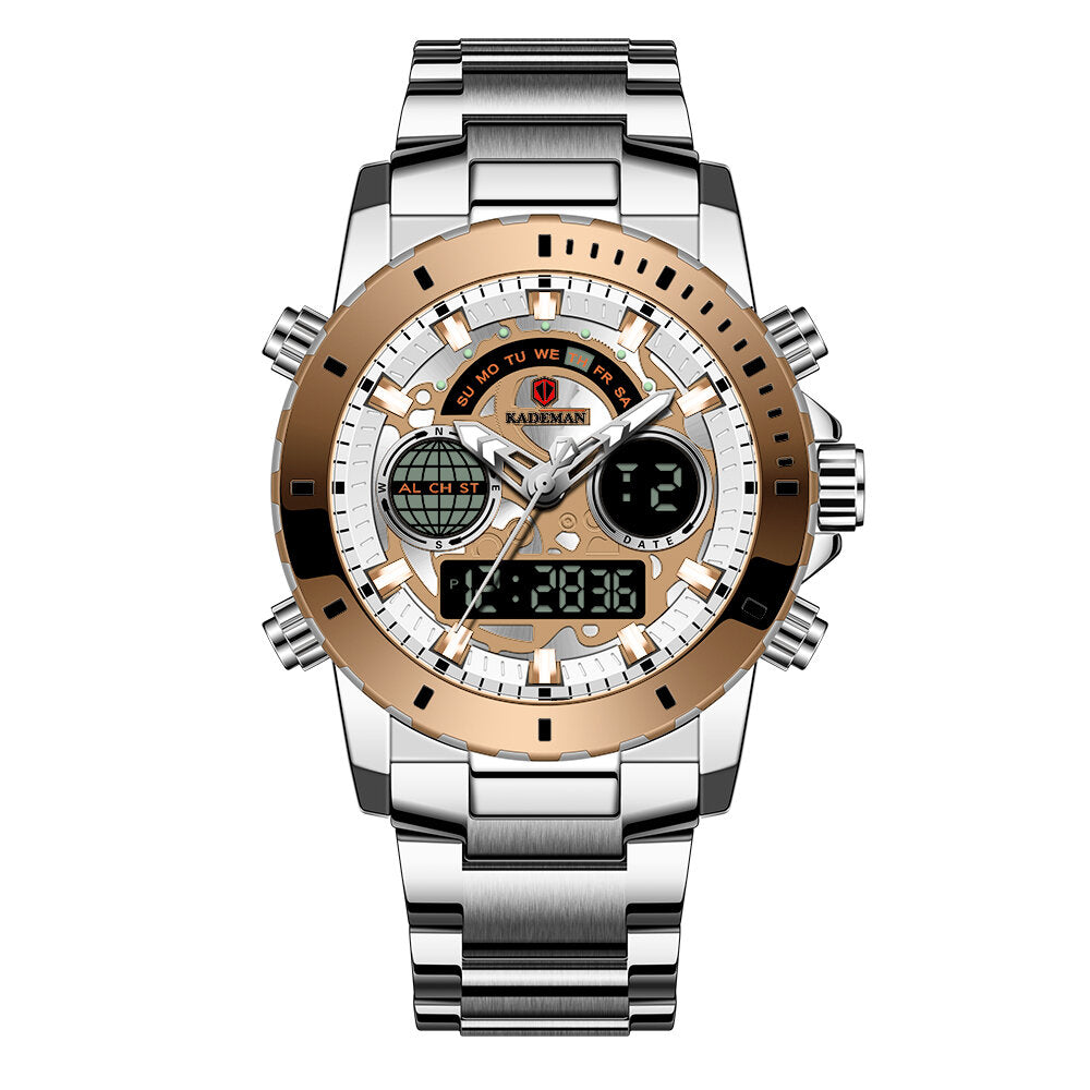 Full Stainless Steel Strap Countdown Alarm 30M Waterproof Dual Display Digital Watch