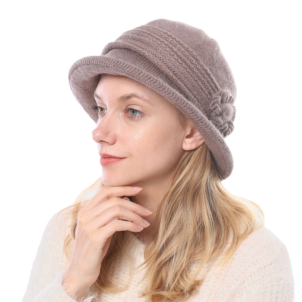 Women's Warm Knitted Bucket Hat with Flower Decoration