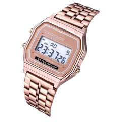 Fashion Casual 12/24 Hour LED Display Countdown Stopwatch Steel Strap Waterproof Women Digital Watch