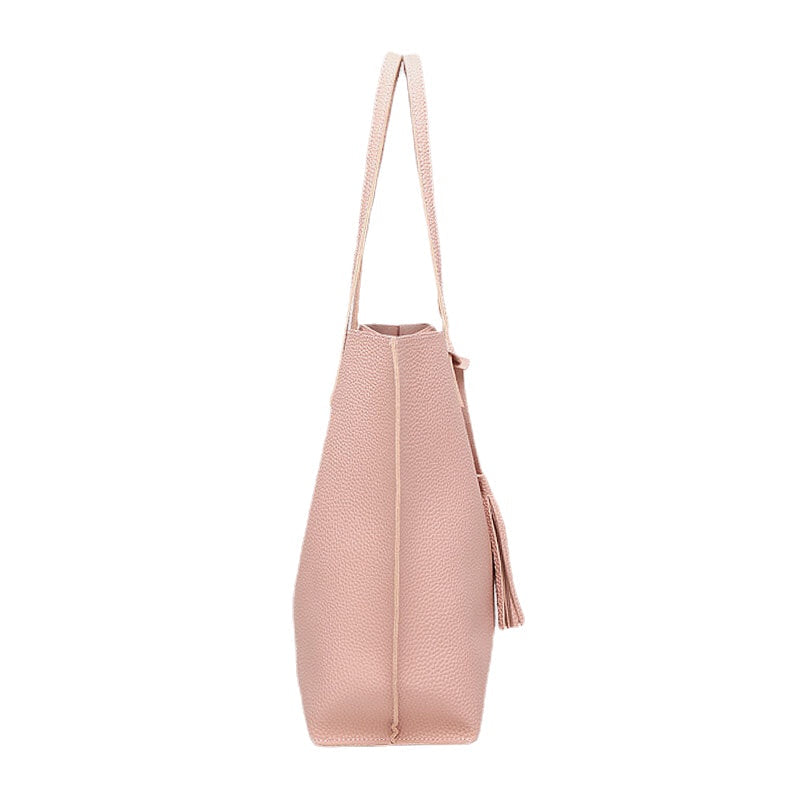 Women PU Leather Lychee Pattern Large Capacity Casual Tassel Solid Tote Shoulder Bag Handbag