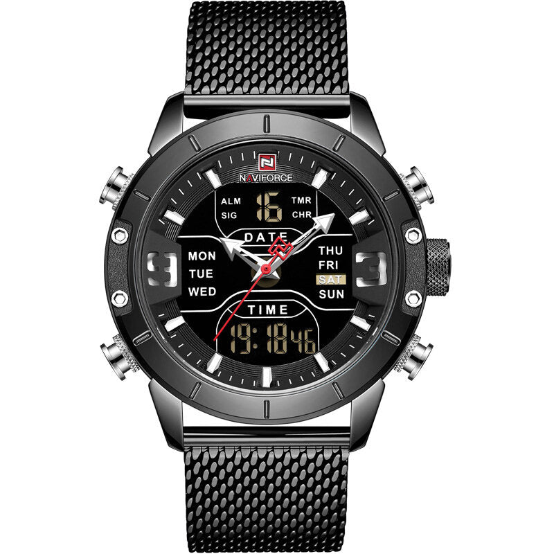 Waterproof Dual Display Watch Calendar Full Steel Business Men Digital Watch