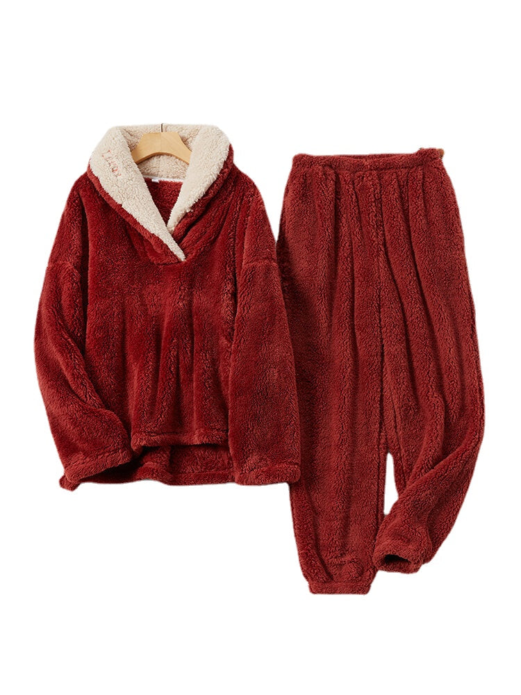Women's Fluffy Plush Lapel Pajama Set - Warm High-Low Hem Loungewear