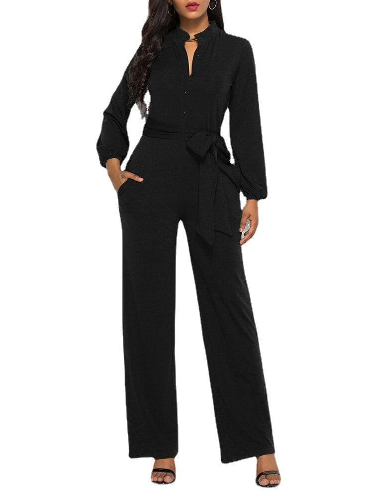 Women Solid Color Long Sleeve Waist Belt Stand Collar Plus Size Jumpsuit