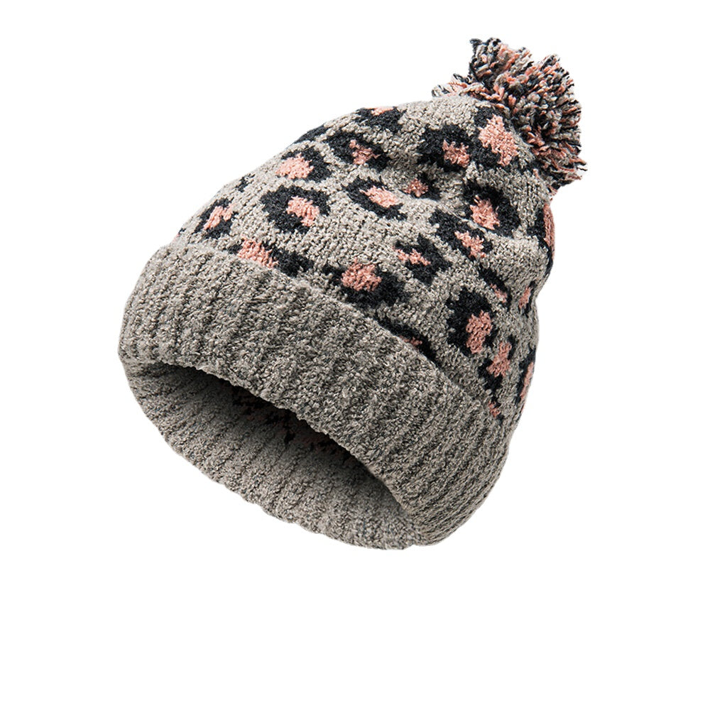 Unisex Leopard Knit Beanie with Fur Pom, Warm & Casual