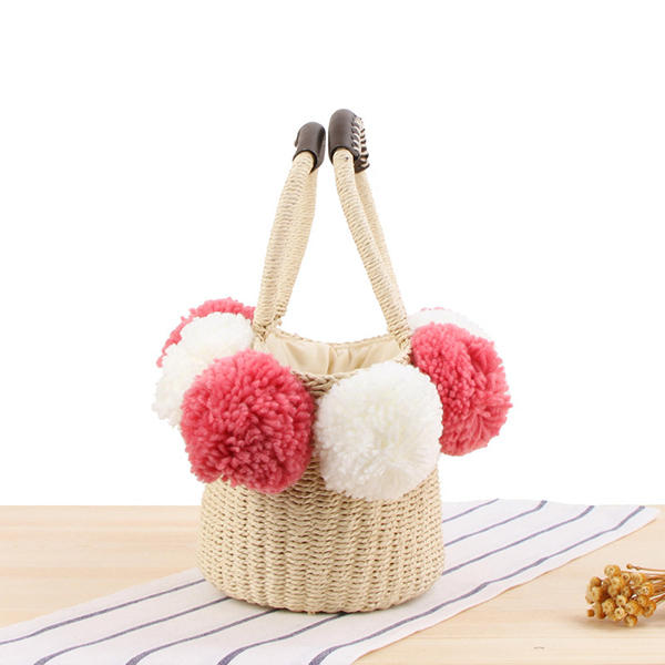 Women Travel Woven Beach Bag Cute Contrast Plush Ball Straw Handbag