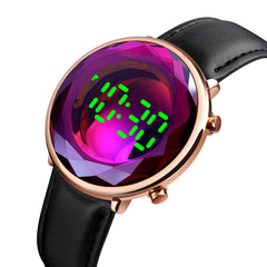 Creative Three-dimensional Cut Glass Dial Luminous Date Display Genuine Leather Strap Digital Watch