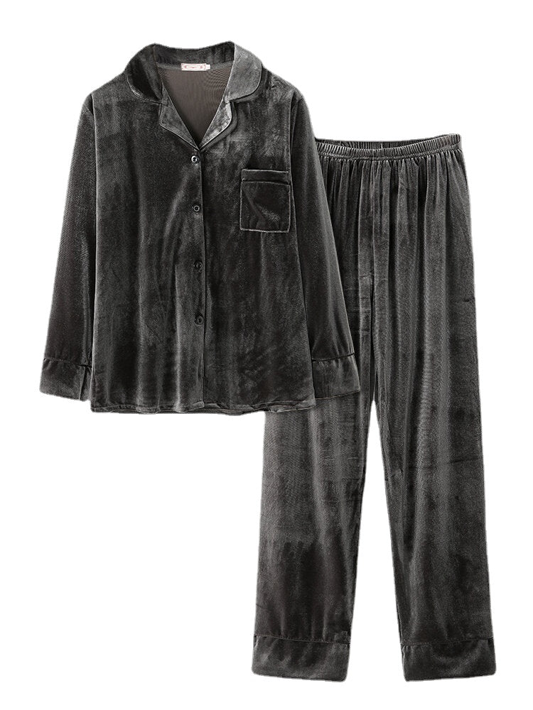 Plus Size Velvet Pajama Set: Lapel Button Top & Loose Straight Pants for Women