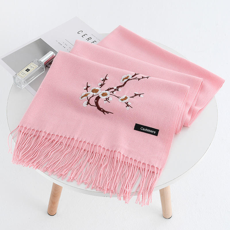 Elegant Plum Embroidery Tassel Scarf Shawl for Women - Winter Ethnic Style