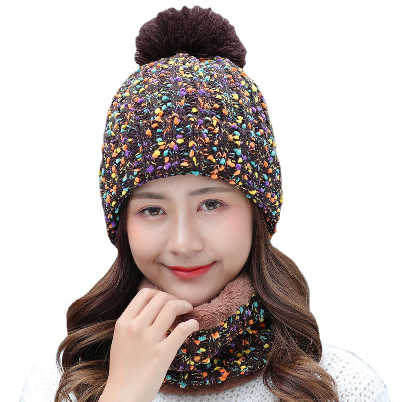 Warm Wool Beanie & Bib Set - Thick Winter Pom Cap