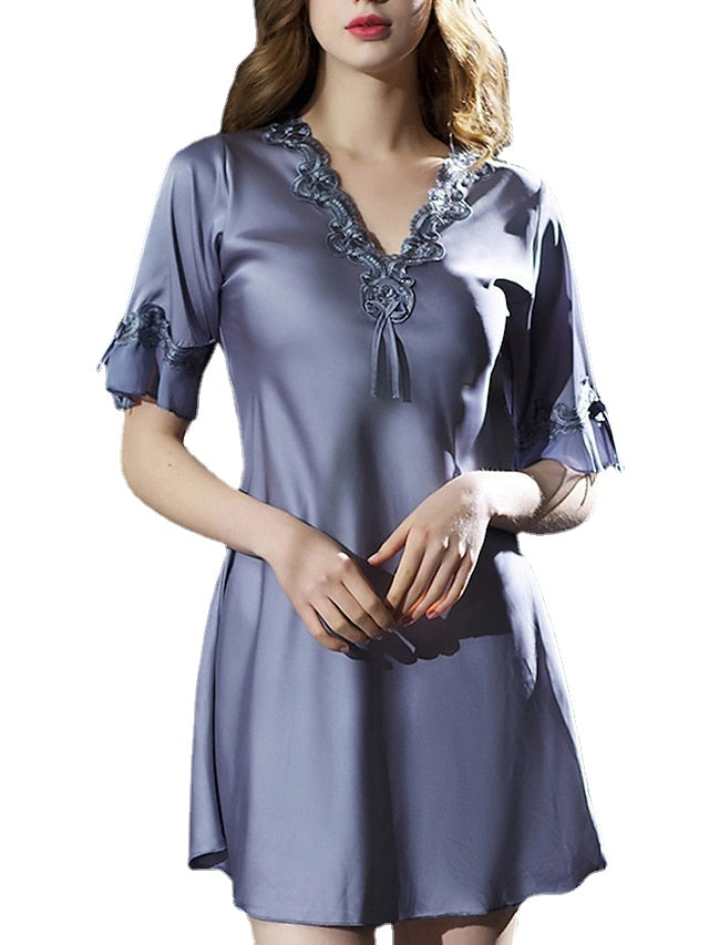 Elegant Women's Satin A-Line Mini Dress with Lace Bow, V-Neck, Solid Color for Home Lounge