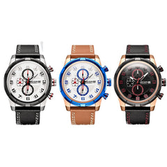 Multifunction 3D Dial Display Sport Men Wrist Watch Genuine Leather Band Quartz Watch