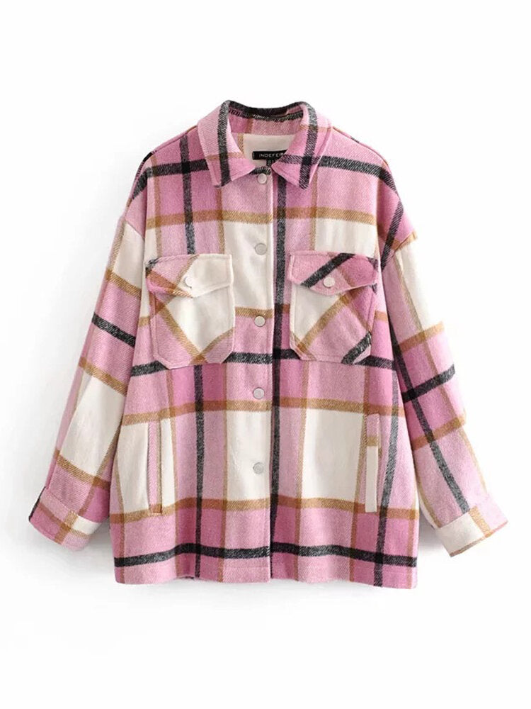 Women Plaid Button Front Lapel Long Sleeve Casual Coats With Multi Pocket