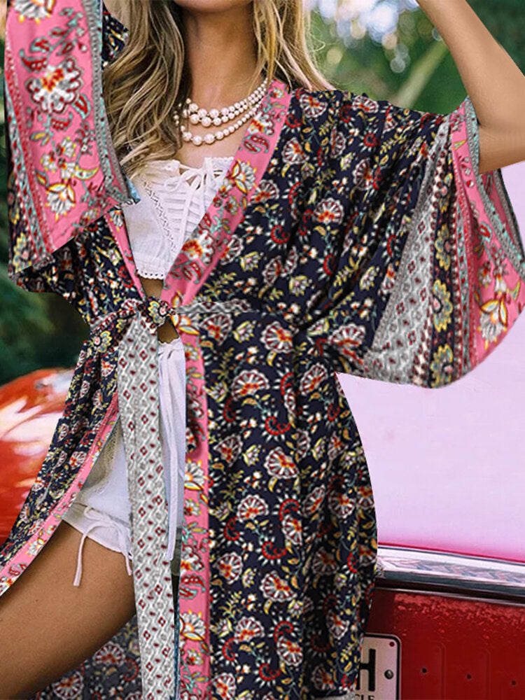 Bohemian Floral Print Tie Waist 3/4 Sleeve Loose Kimono