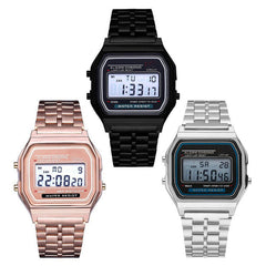 Fashion Casual 12/24 Hour LED Display Countdown Stopwatch Steel Strap Waterproof Women Digital Watch