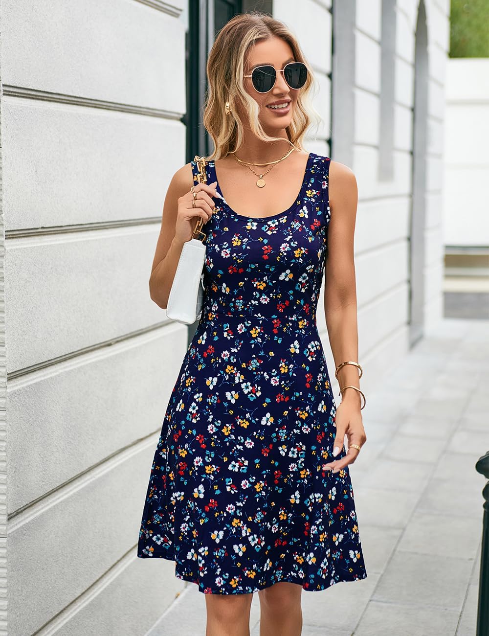 Women Summer Slim Sleeveless Scoop Neck A-Line Flare Sun Dresses