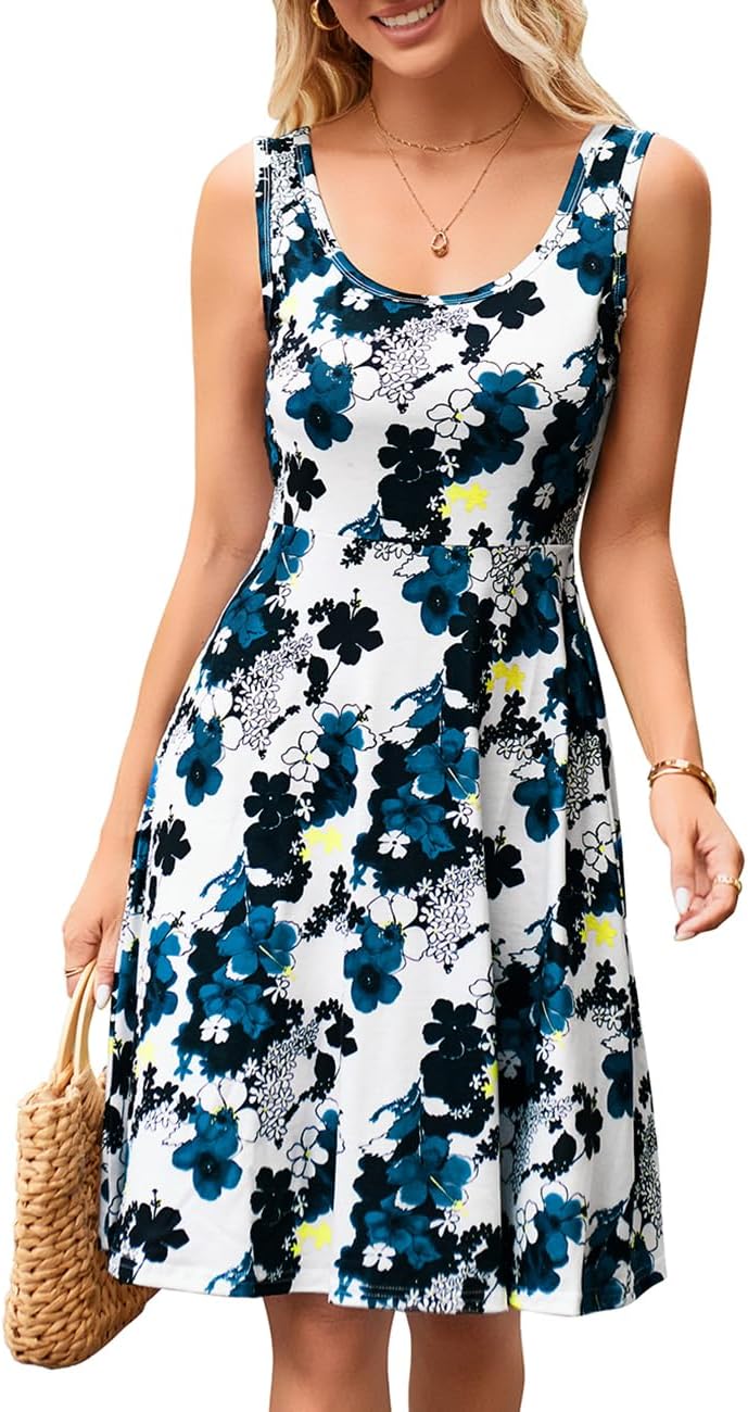 Women Summer Slim Sleeveless Scoop Neck A-Line Flare Sun Dresses