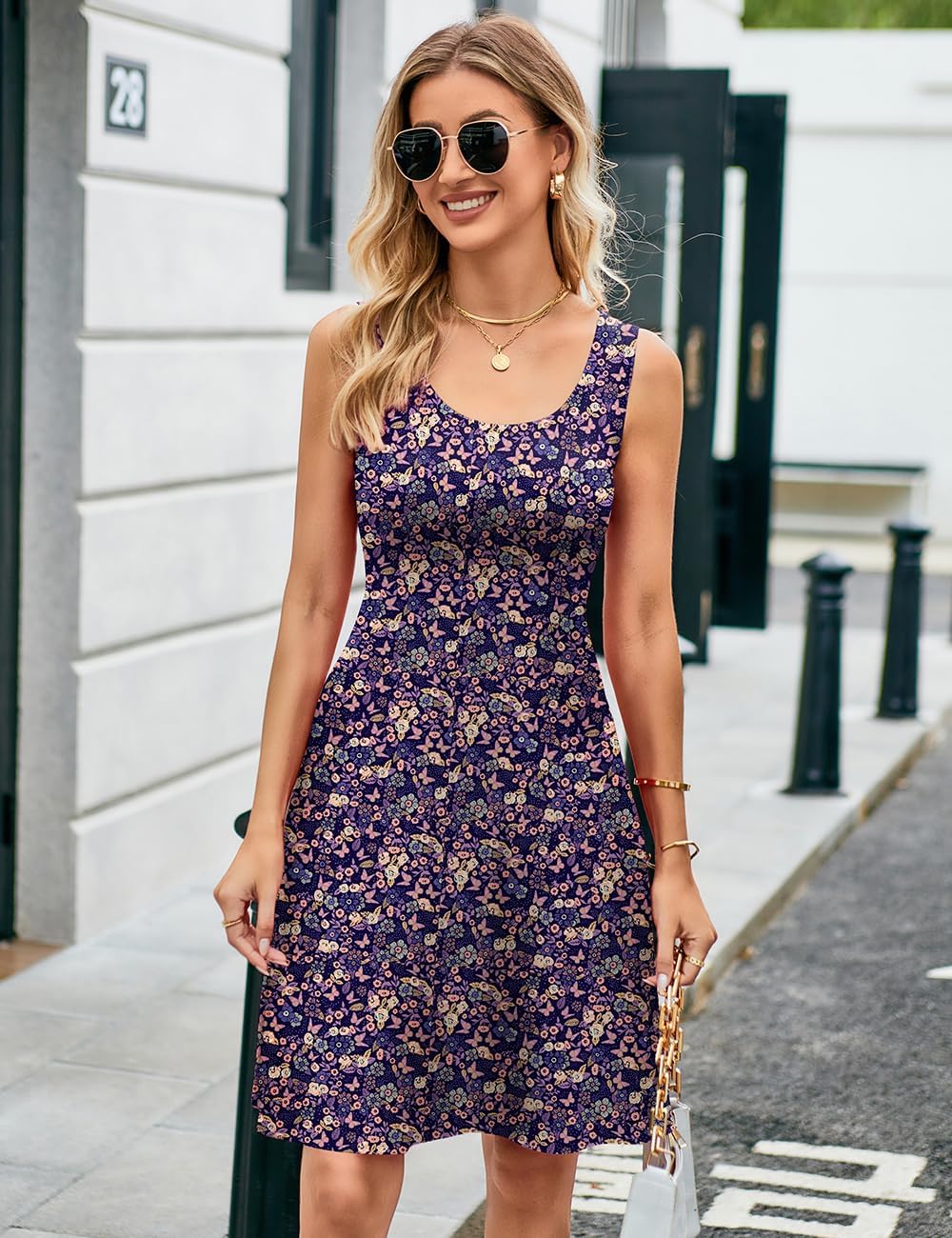 Women Summer Slim Sleeveless Scoop Neck A-Line Flare Sun Dresses