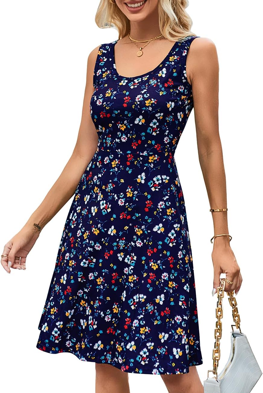 Women Summer Slim Sleeveless Scoop Neck A-Line Flare Sun Dresses