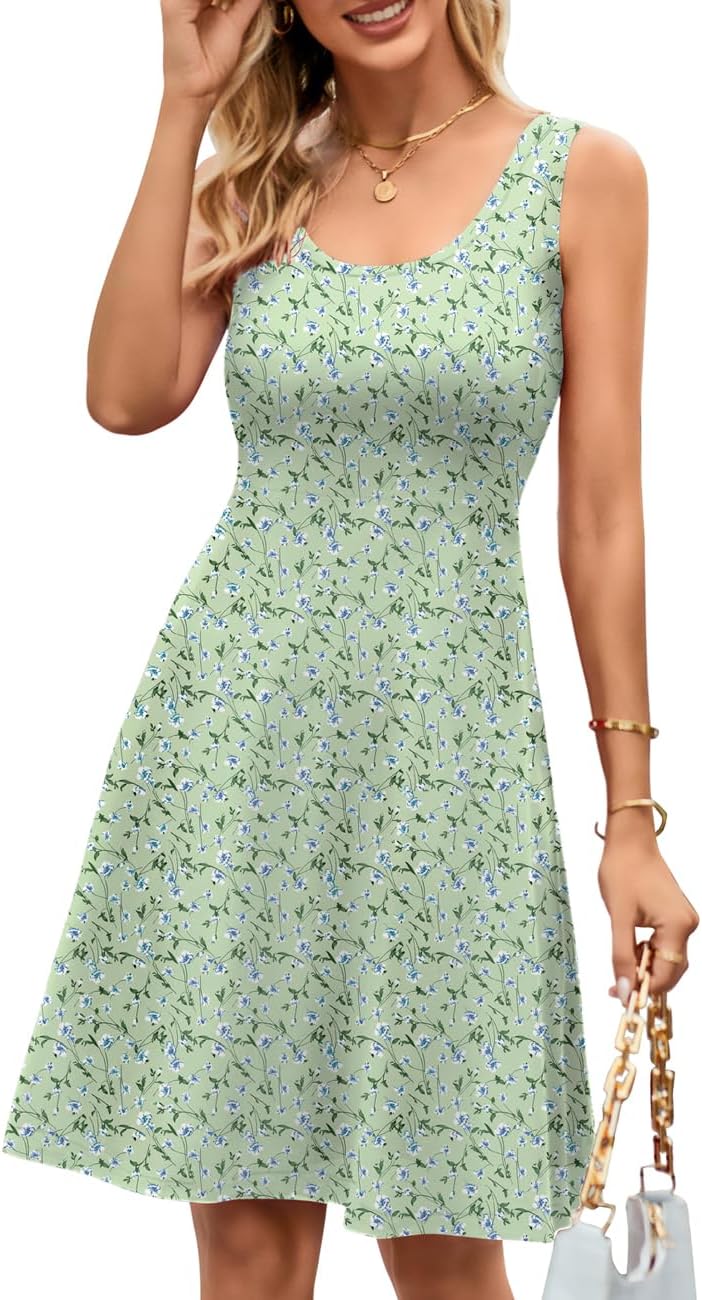 Women Summer Slim Sleeveless Scoop Neck A-Line Flare Sun Dresses