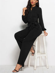 Women Solid Color Long Sleeve Waist Belt Stand Collar Plus Size Jumpsuit