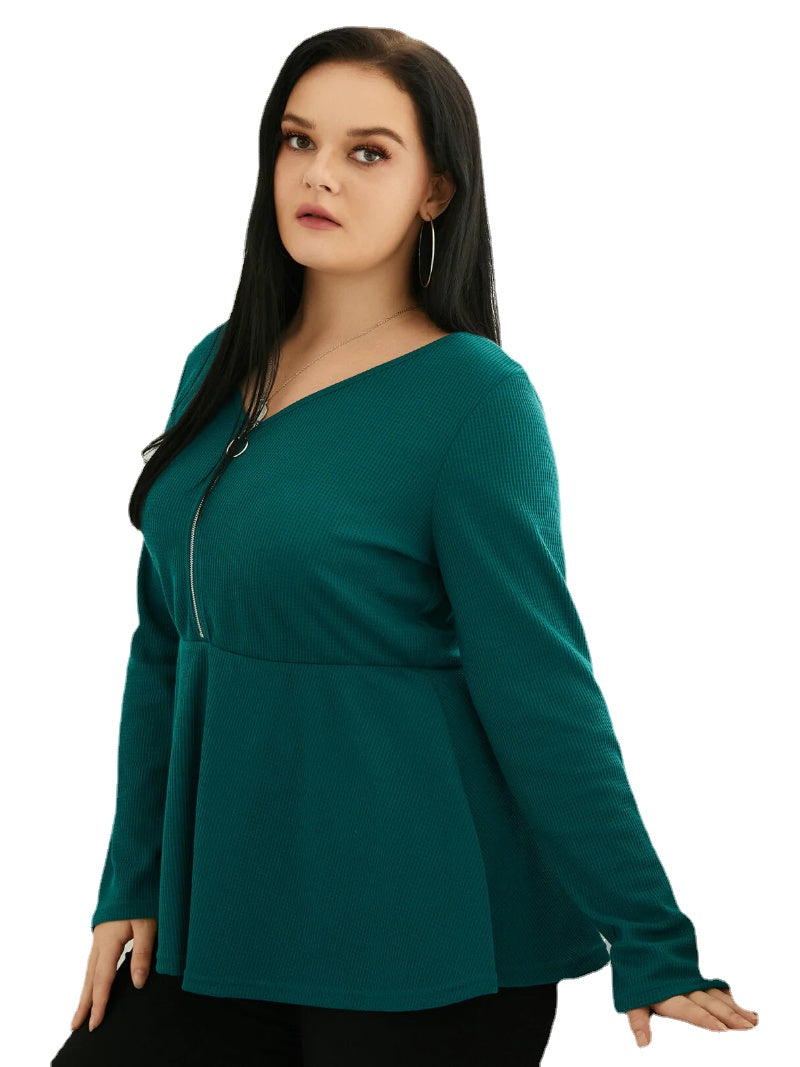Plus Size V-neck Waffle Knit Zip Front Long Sleeves Knitwear
