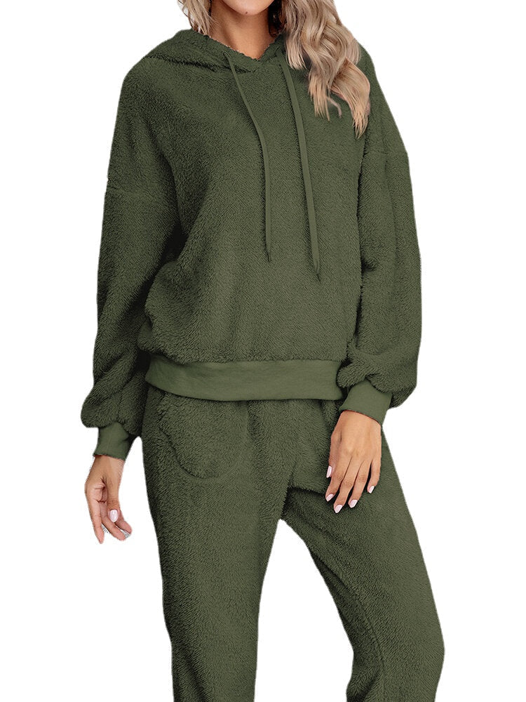 Women's Fleece Hoodie & Jogger Pajama Set - Cozy Solid Color Loungewear