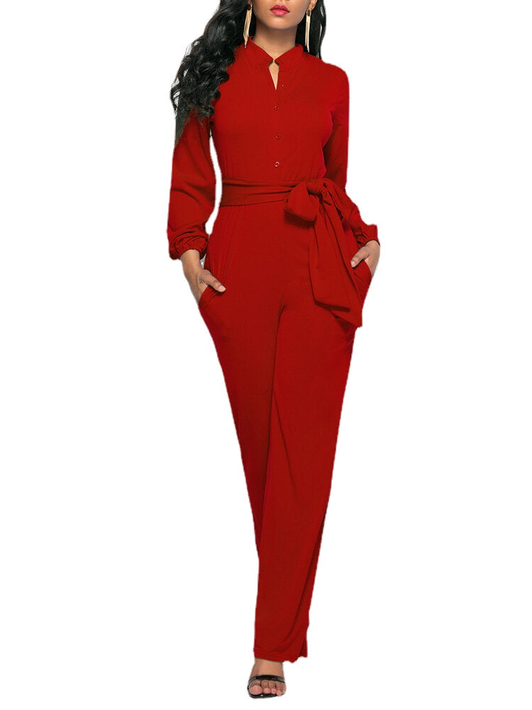 Women Solid Color Long Sleeve Waist Belt Stand Collar Plus Size Jumpsuit