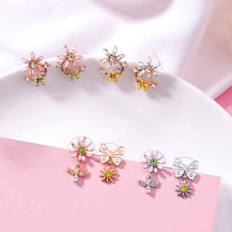 Sweet Flower Butterfly Stud Earrings Anallergic Sterling Silver Needle Rhinestone Womens Earrings