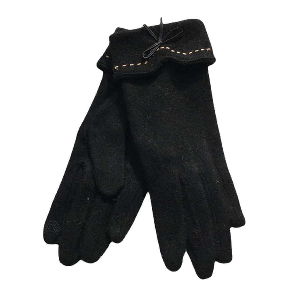 Women's Wool Touchscreen Gloves with Embroidery & Bowknot - Warm & Fashionable