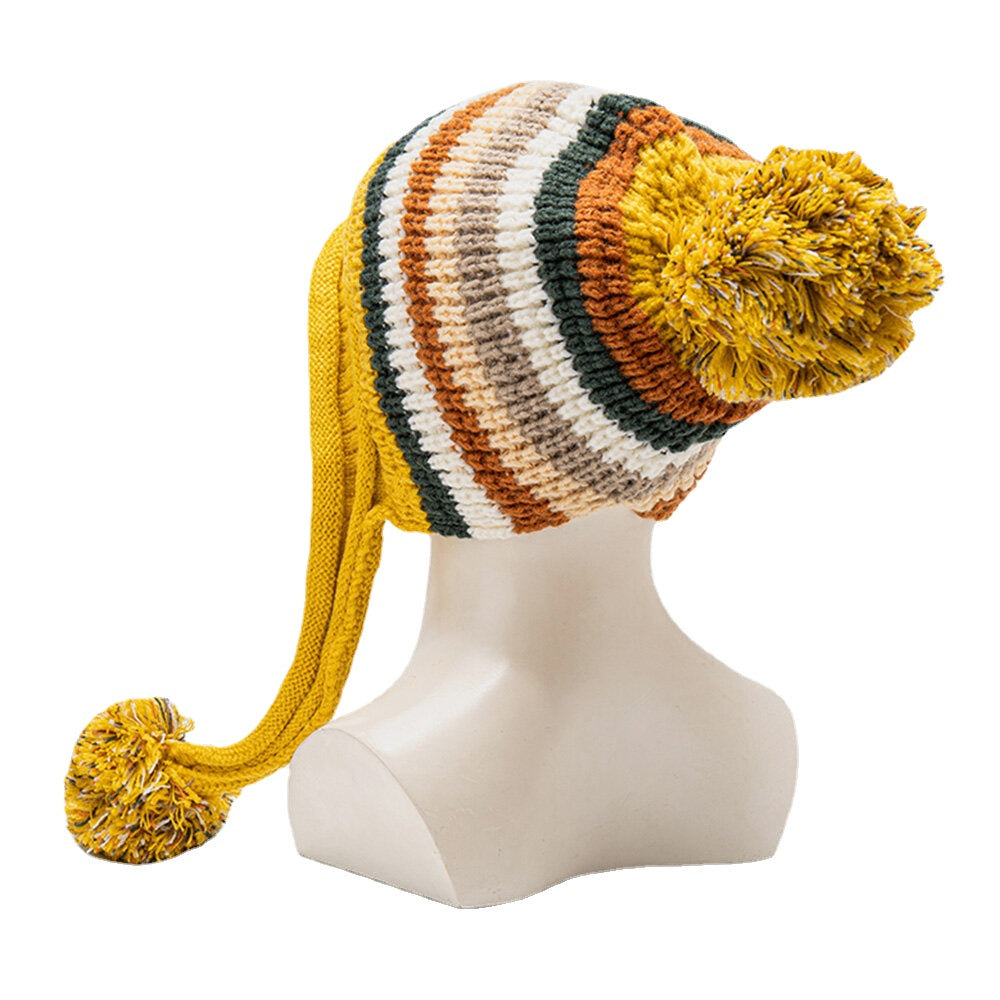 Women's Knitted Velvet Ear Protection Striped Fur Ball Warm Beanie Hat