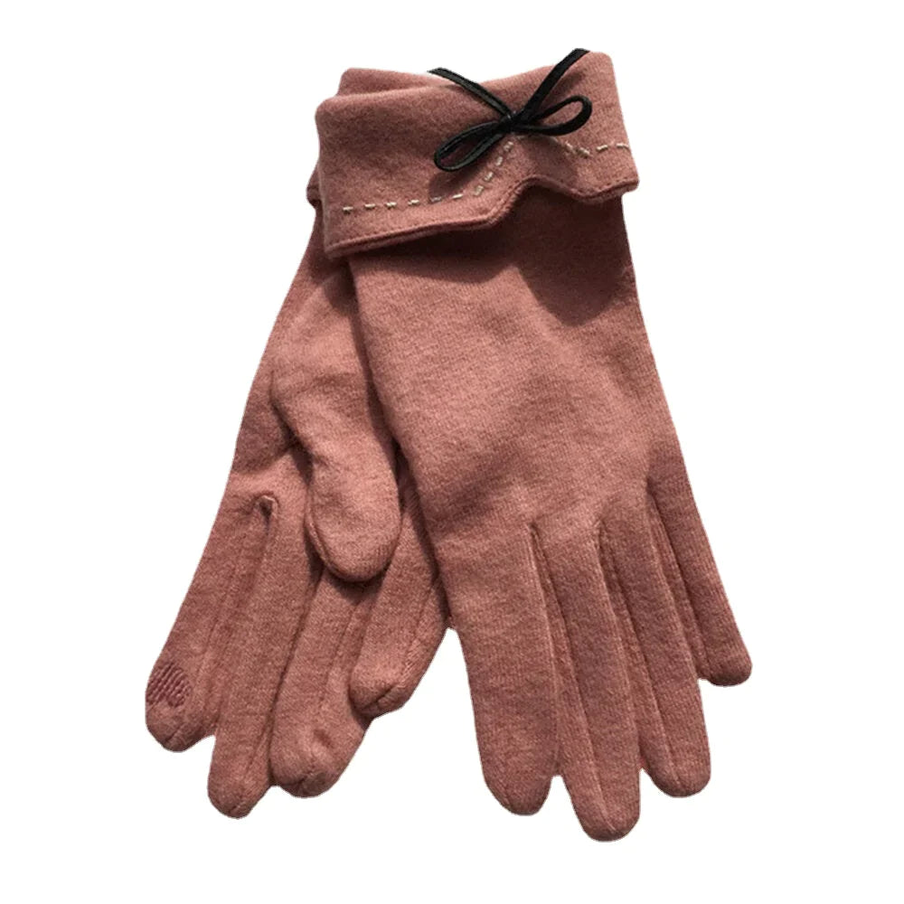 Women's Wool Touchscreen Gloves with Embroidery & Bowknot - Warm & Fashionable