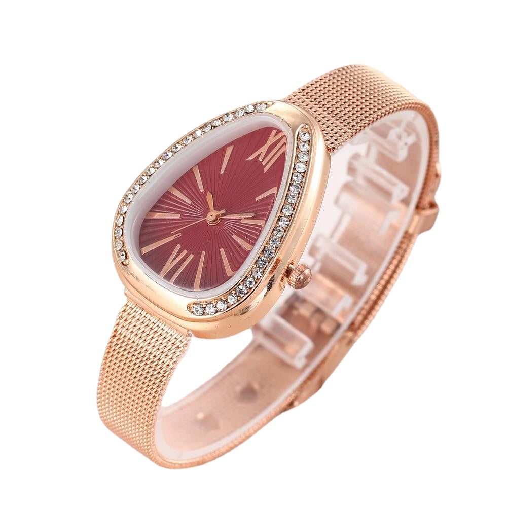 Crystal Case Triangle Dial Simple Design Full Stell Mesh Belt Women Quartz Watch