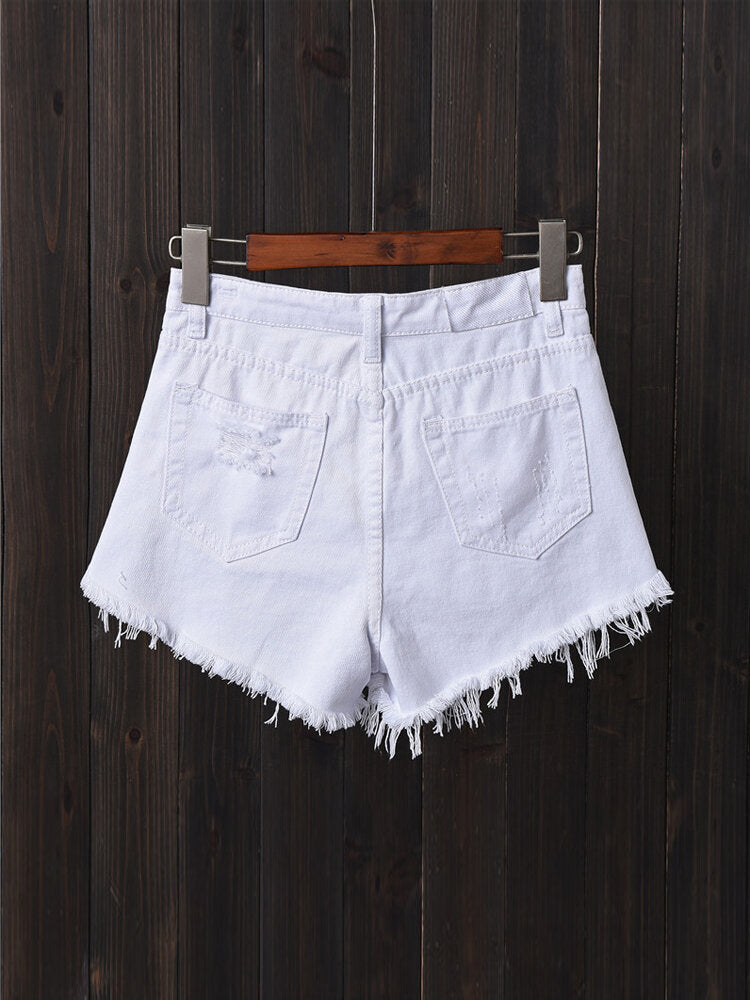 Women Button Up Pocket Loose Hollow Ripped Denim Shorts