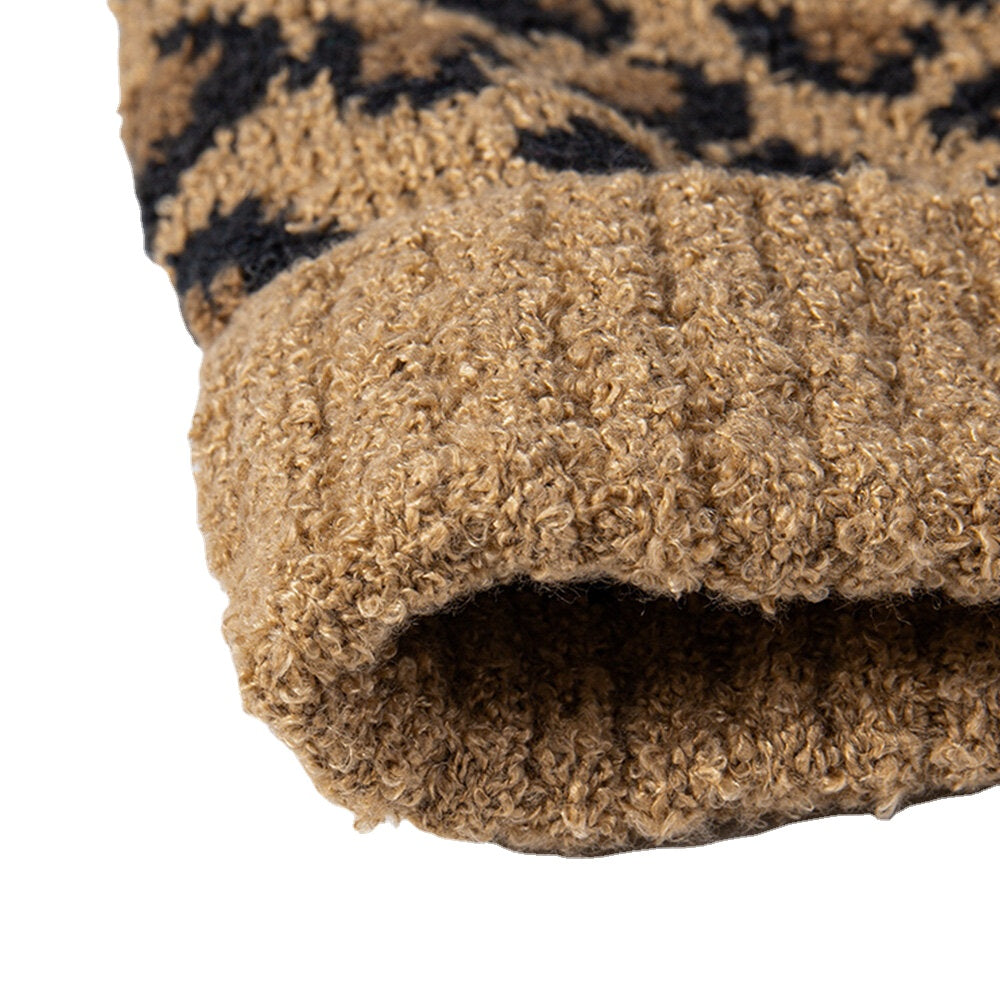 Unisex Leopard Knit Beanie with Fur Pom, Warm & Casual