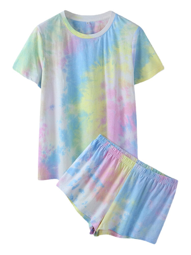 Women's Tie Dye Pajama Set - Short Sleeve, O-Neck, Soft Summer Sleepwear, 2-Piece